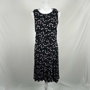 LOFT Black Purple Cherry Print Boat Neck Sleeveless Dress 8 Stretch Cute Casual